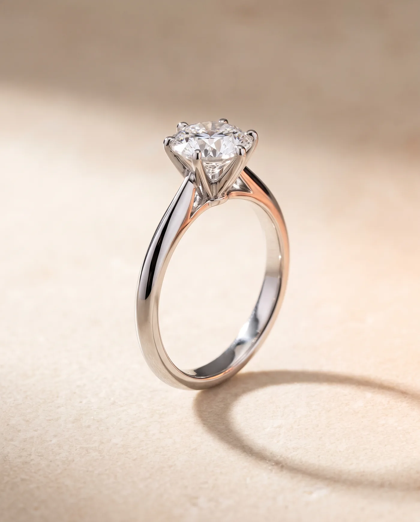 A platinum solitaire ring holding a 1.80 carat round brilliant diamond in six claw prongs above a fine tapering band