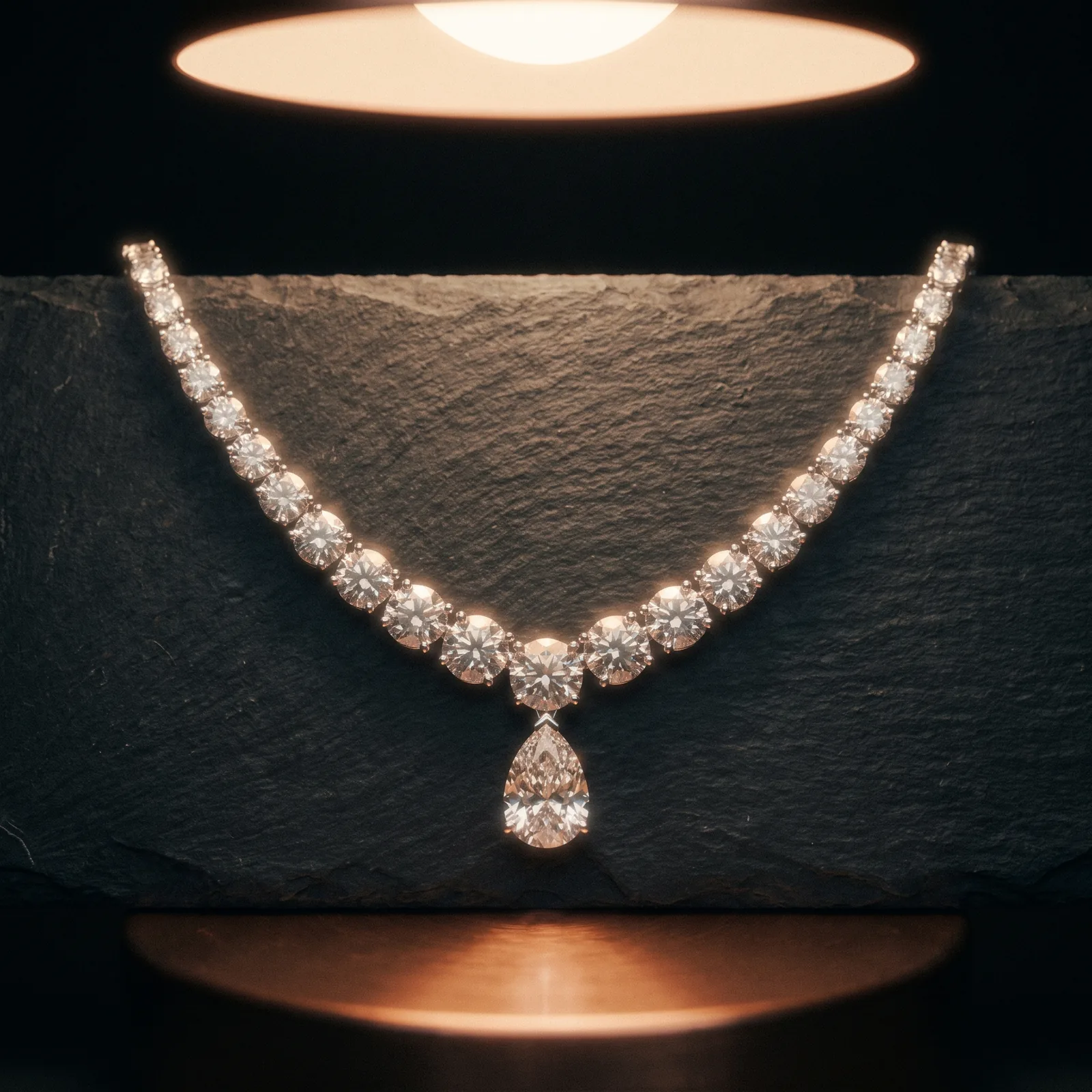 Céleste Rivière: a platinum necklace of graduated brilliants falling to a 6.20 carat pear drop